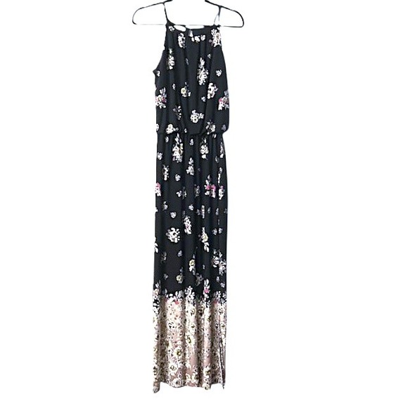 Maurices Black Floral Halter Maxi‎ Dress S Wedding Cruise Vacation Cottagecore - Picture 4 of 16
